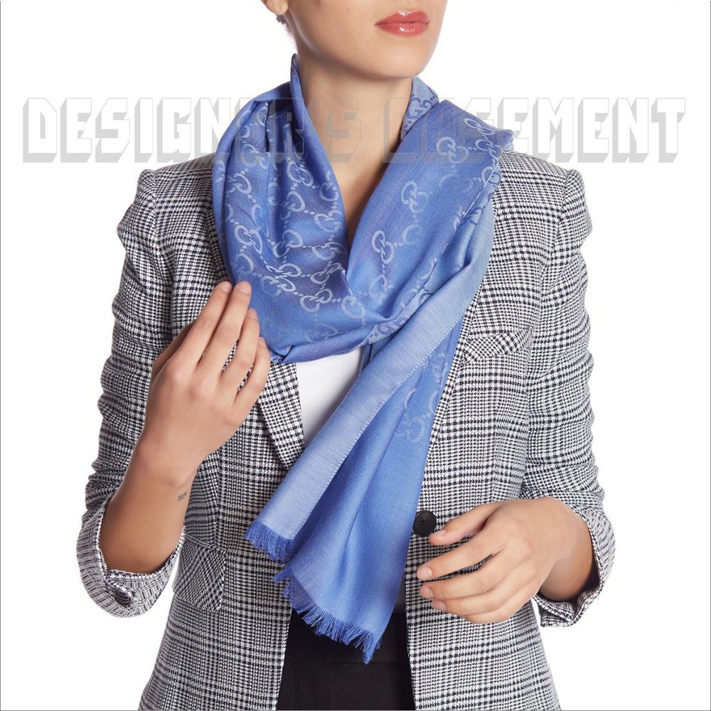 GUCCI Blue & Periwinkle GGNAT wool & silk 18"x70" shawl Pashmina scarf NWT - Picture 4 of 10